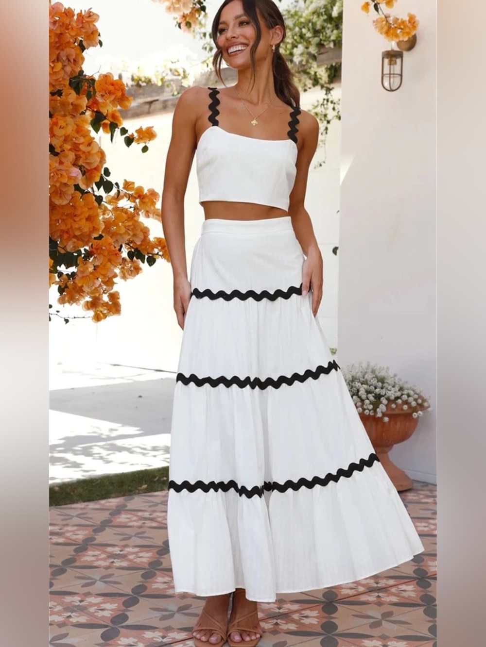 Endless Moon Ric Rac Maxi Skirt Set White and black